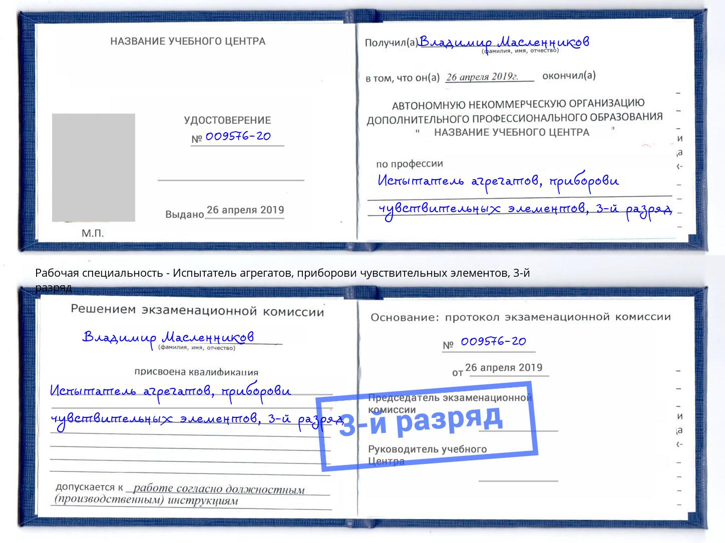 корочка 3-й разряд Испытатель агрегатов, приборови чувствительных элементов Печора