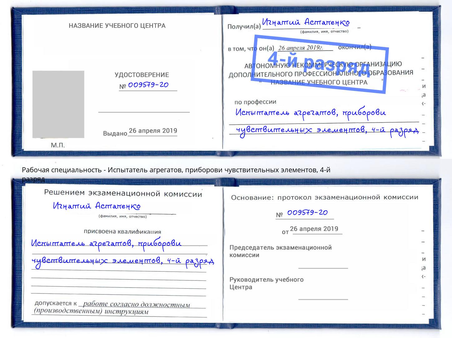 корочка 4-й разряд Испытатель агрегатов, приборови чувствительных элементов Печора