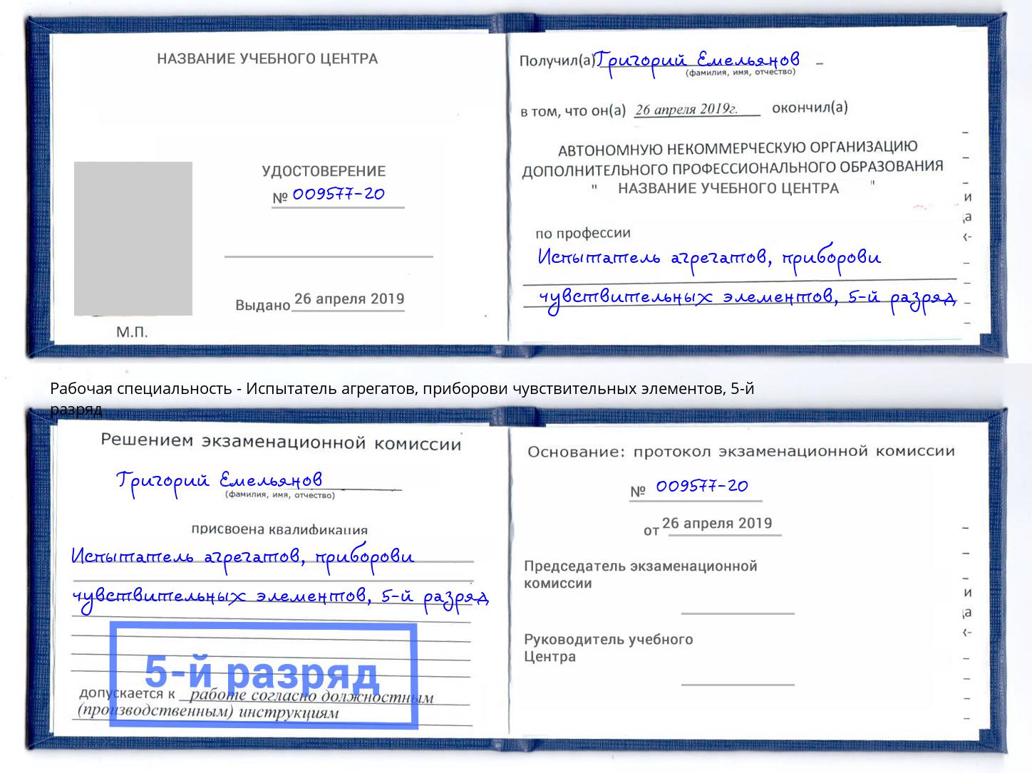 корочка 5-й разряд Испытатель агрегатов, приборови чувствительных элементов Печора