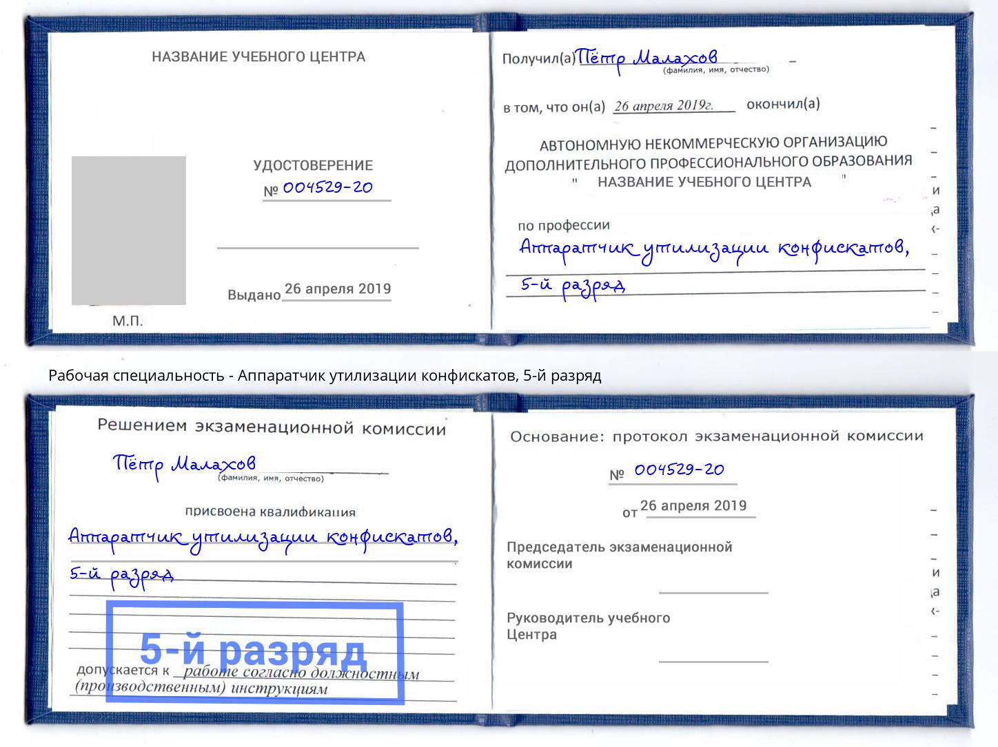 корочка 5-й разряд Аппаратчик утилизации конфискатов Печора