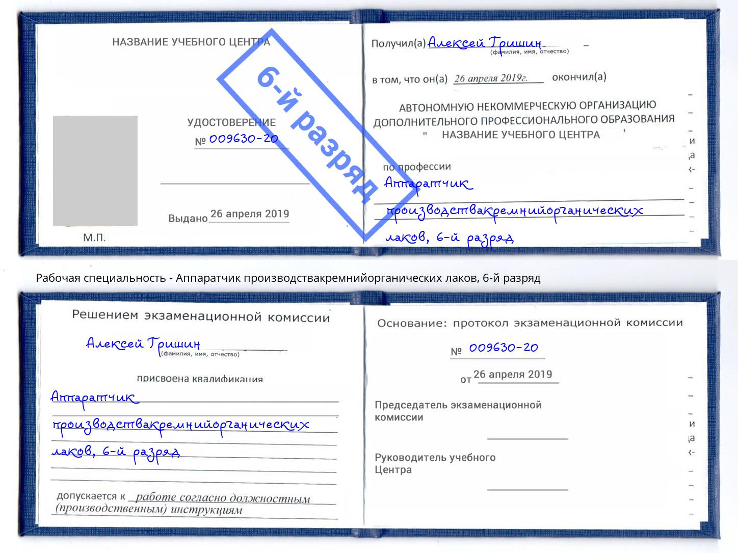 корочка 6-й разряд Аппаратчик производствакремнийорганических лаков Печора