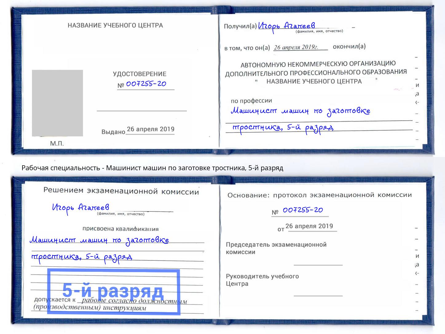 корочка 5-й разряд Машинист машин по заготовке тростника Печора
