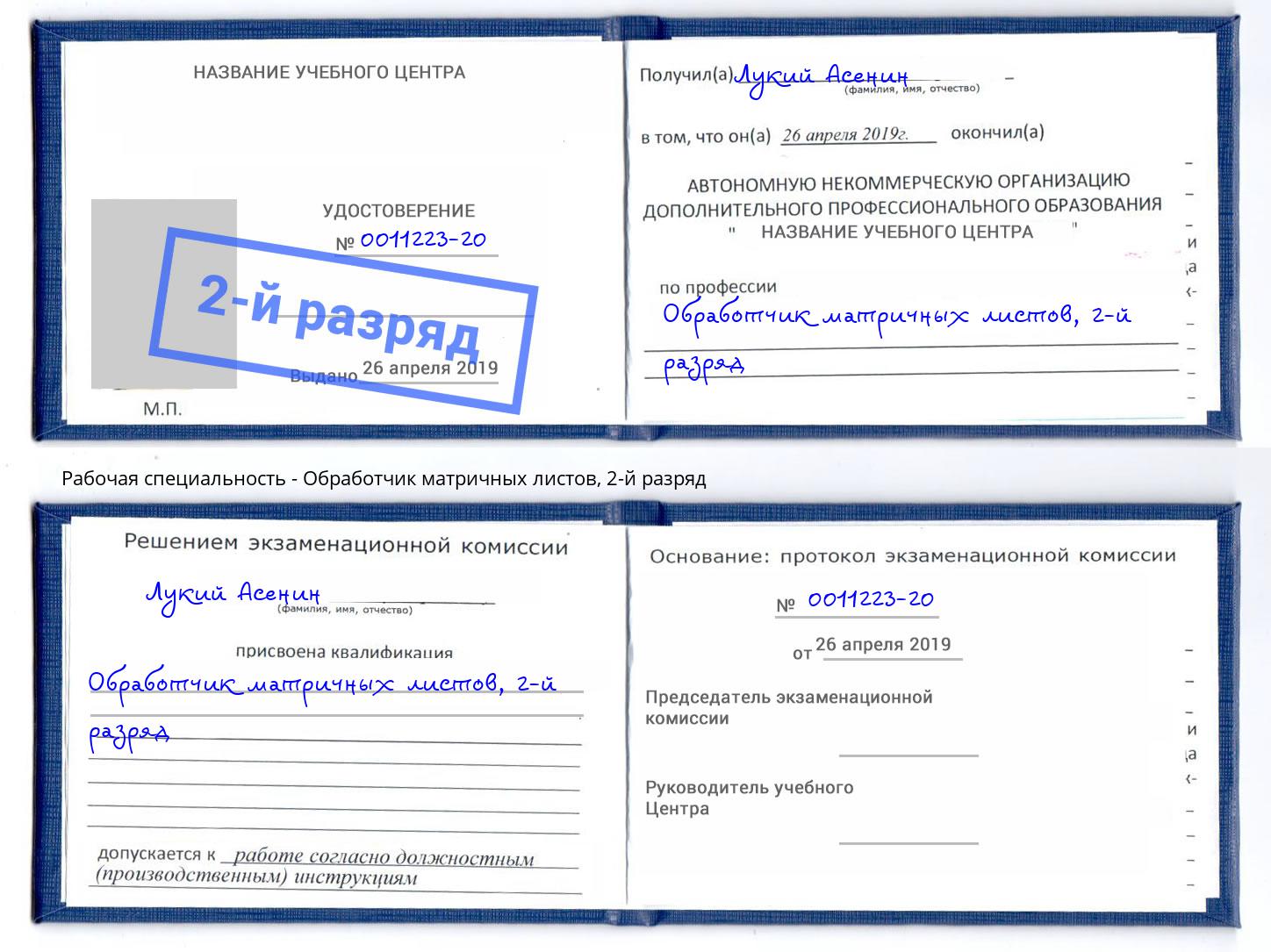 корочка 2-й разряд Обработчик матричных листов Печора