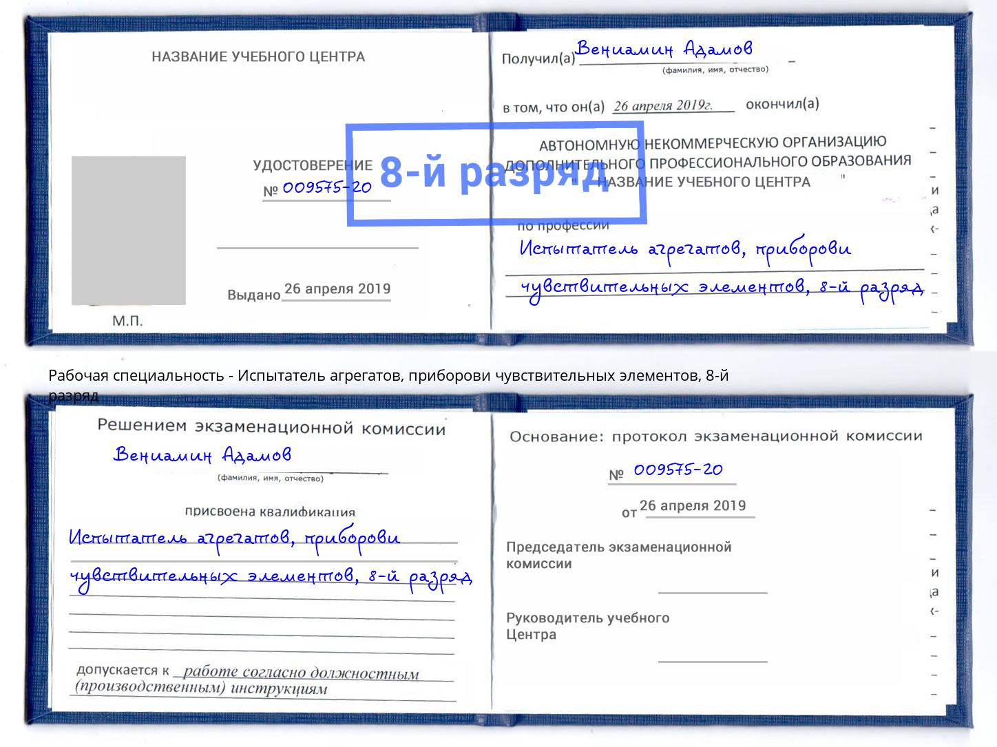 корочка 8-й разряд Испытатель агрегатов, приборови чувствительных элементов Печора